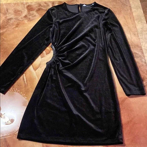 knee length dresses for ladies ZARA Black Satin Long Feathered Sleeve Shift Dress UK S